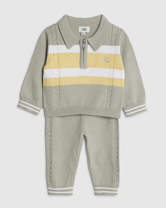 Baby Boys Green Knitted Stripe Polo Shirt Set