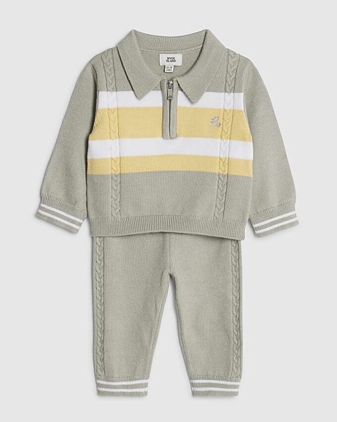 Baby Boys Green Knitted Stripe Polo Shirt Set