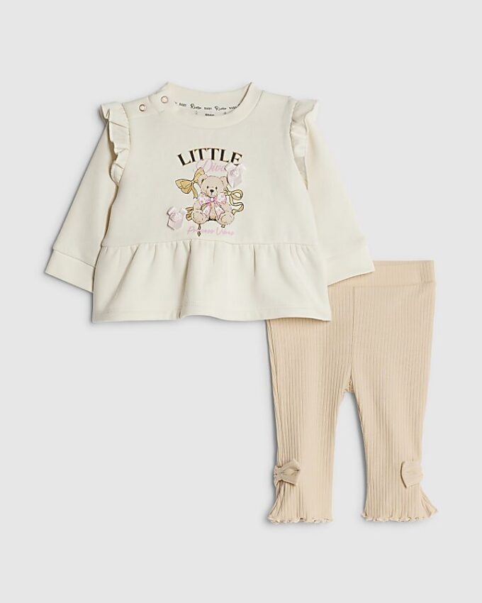 Baby Girls Beige Bear Peplum Sweatshirt Set