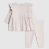 Baby Girls Cream Ribbed Bow Top Set