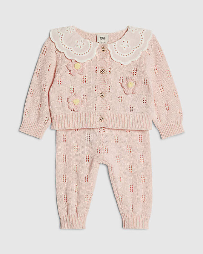 Baby Girls Pink Broderie Daisy Knit Top Set