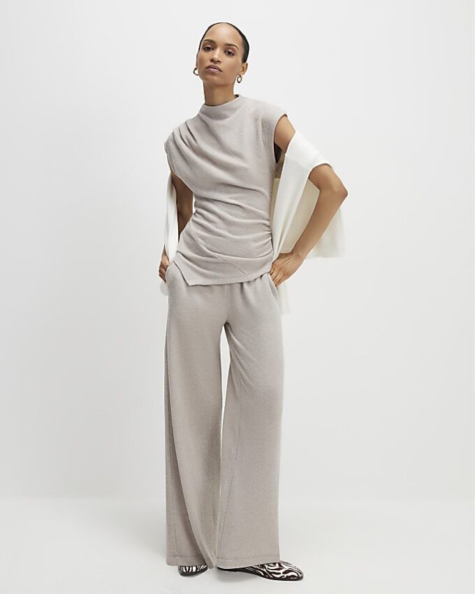 Beige Cosy Sleeveless Drape Top