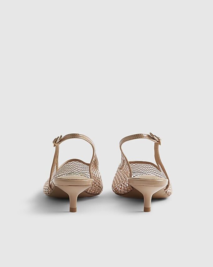 Beige Diamante Mesh Slingback Court Heels
