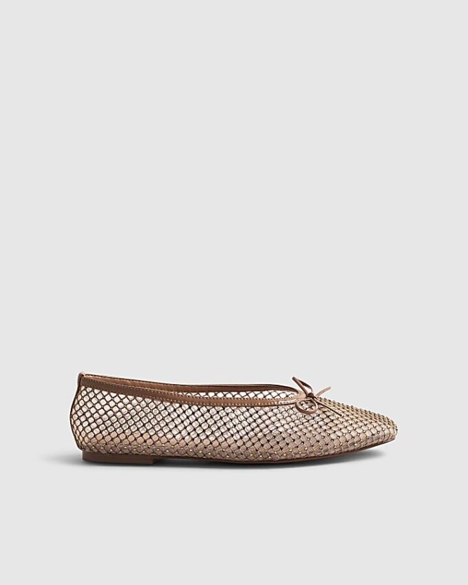 Beige Embellished Mesh Ballet Pumps