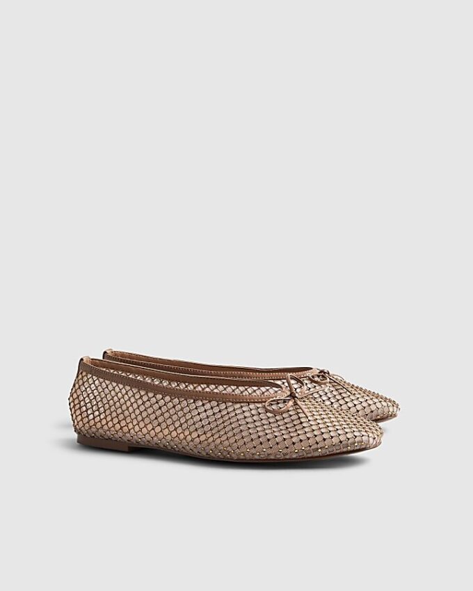 Beige Embellished Mesh Ballet Pumps