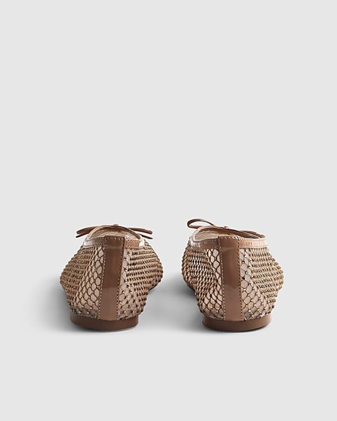 Beige Embellished Mesh Ballet Pumps