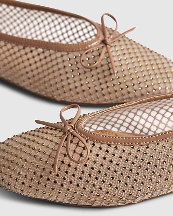 Beige Embellished Mesh Ballet Pumps