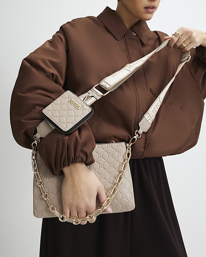 Beige Embossed Monogram Chain Cross Body Bag