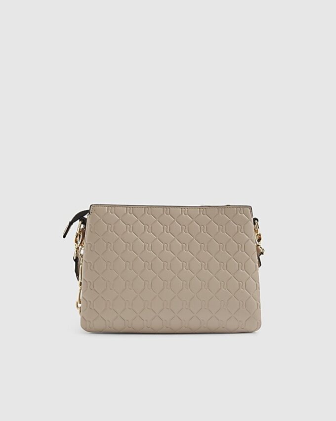 Beige Embossed Monogram Chain Cross Body Bag