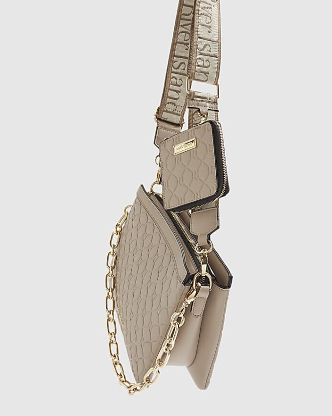 Beige Embossed Monogram Chain Cross Body Bag