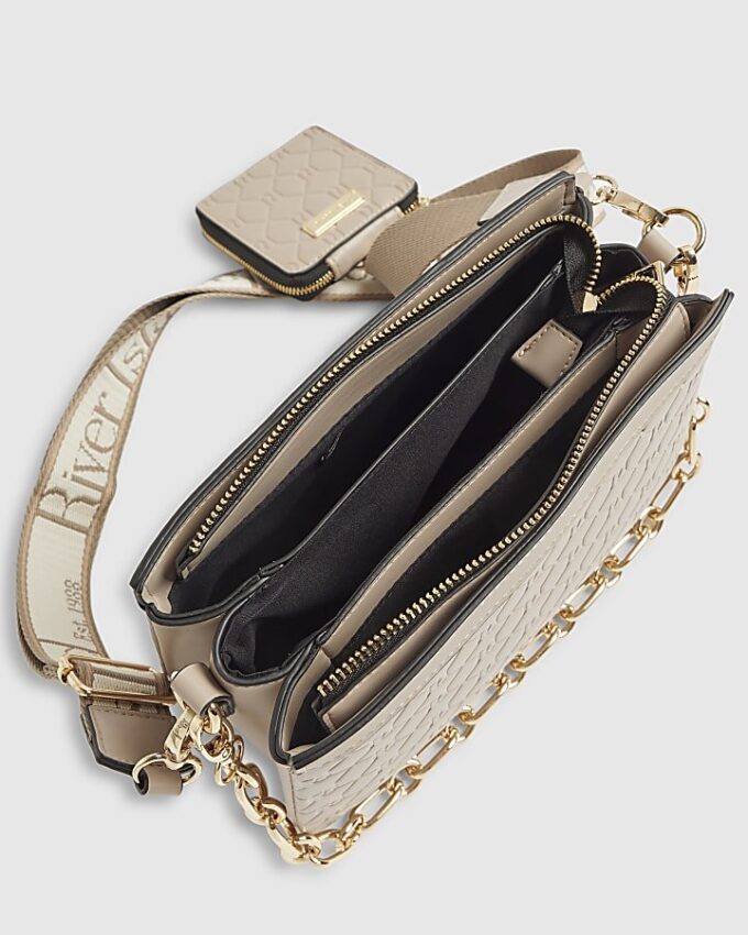 Beige Embossed Monogram Chain Cross Body Bag
