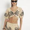 Beige Embroidered Beach Crop Top