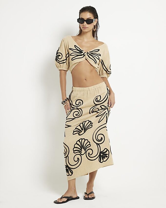 Beige Embroidered Beach Crop Top
