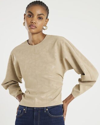 Beige Faux Leather Batwing Long Sleeve Top
