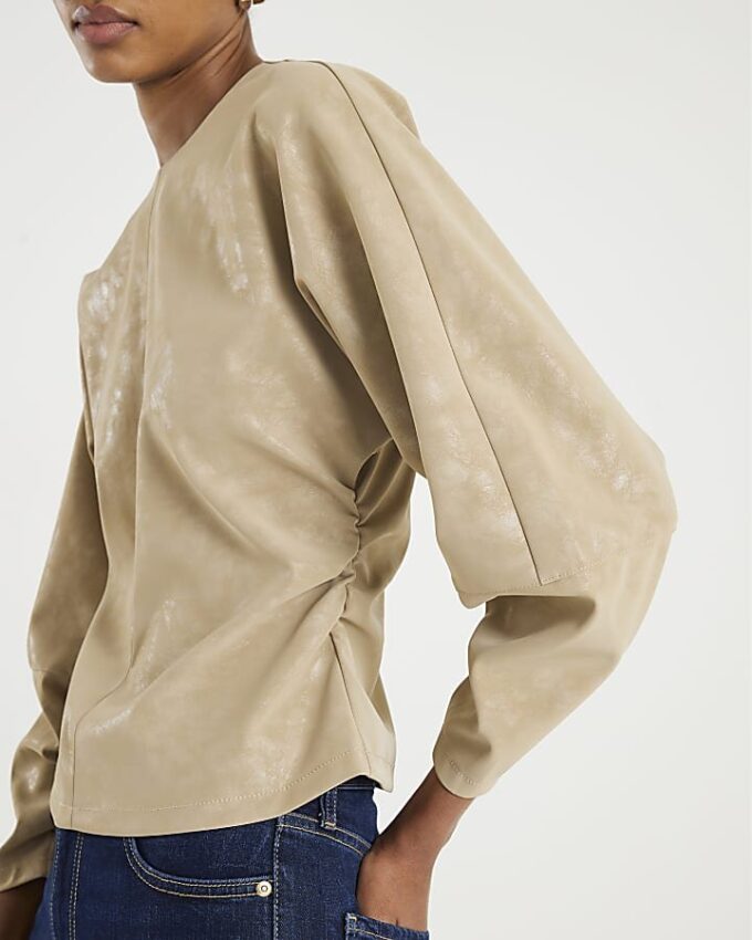 Beige Faux Leather Batwing Long Sleeve Top