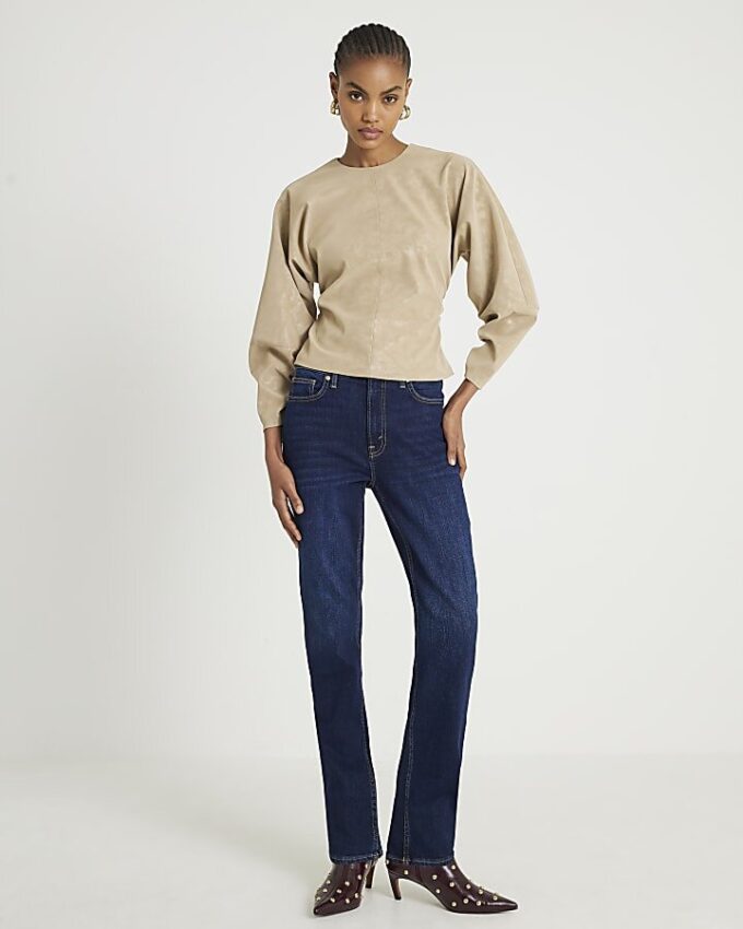 Beige Faux Leather Batwing Long Sleeve Top