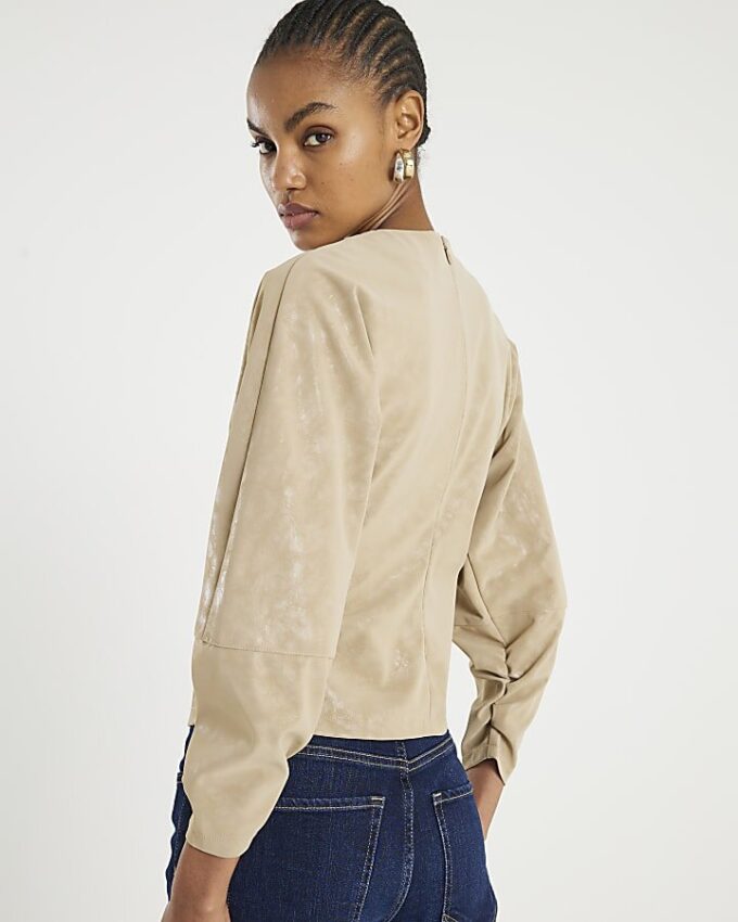 Beige Faux Leather Batwing Long Sleeve Top