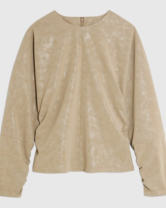 Beige Faux Leather Batwing Long Sleeve Top