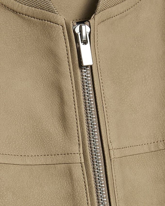 Beige Faux Leather Bomber Jacket