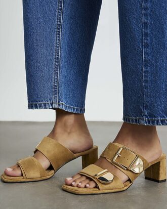 Beige Faux Suede Double Buckle Mule Sandal
