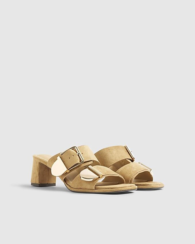 Beige Faux Suede Double Buckle Mule Sandal