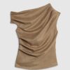 Beige Faux Suede Sleeveless Drape Top