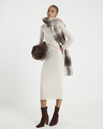 Beige Long Sleeve Cosy Twist Front Midi Dress