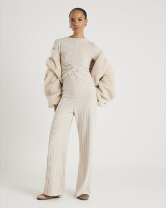 Beige Long Sleeve Twist Front Cosy Top