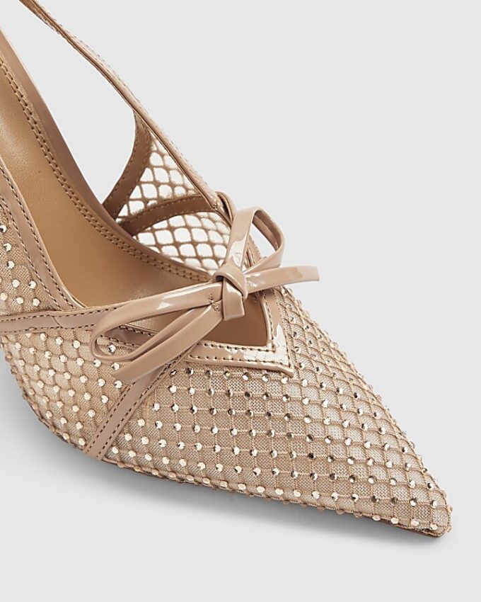 Beige Mesh Bow Sling Back Heels