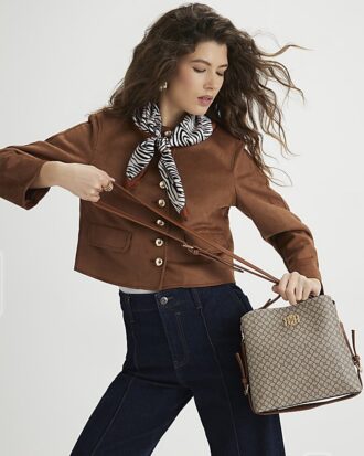 Beige Monogram Print Bucket Bag