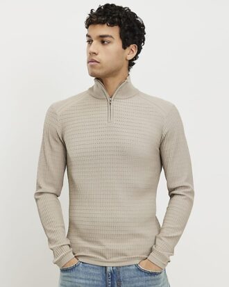 Beige Muscle Fit Brick Knitted Funnel Jumper