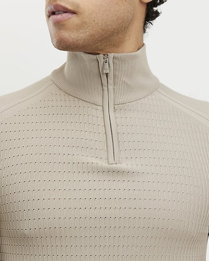 Beige Muscle Fit Brick Knitted Funnel Jumper