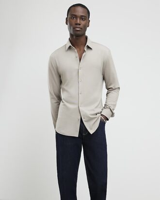 Beige Muscle Fit Pique Casual Shirt
