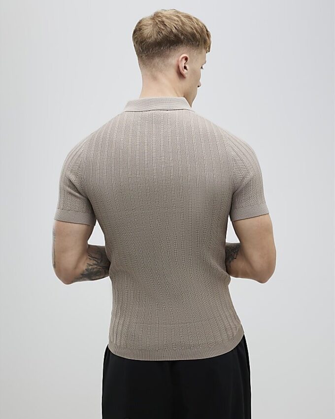 Beige Muscle Fit Rib Polo Shirt