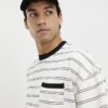 Beige Oversized Fit Stripe Pocket T-shirt