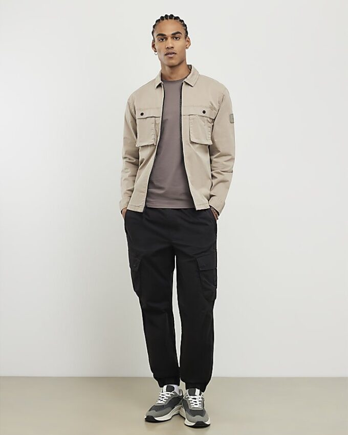 Beige Regular Fit Zipped Overshirt