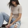 Beige Short Sleeve Fitted Top
