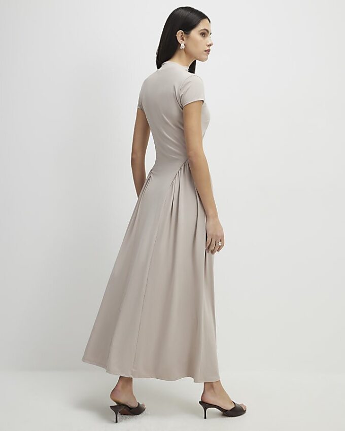 Beige Short Sleeve Fitted Waist Maxi Dress