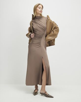 Beige Short Sleeve High Neck Maxi Dress