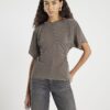 Beige Short Sleeve Ruched Waist Slinky Top