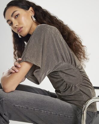 Beige Short Sleeve Ruched Waist Slinky Top