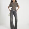 Beige Short Sleeve Ruched Waist Slinky Top