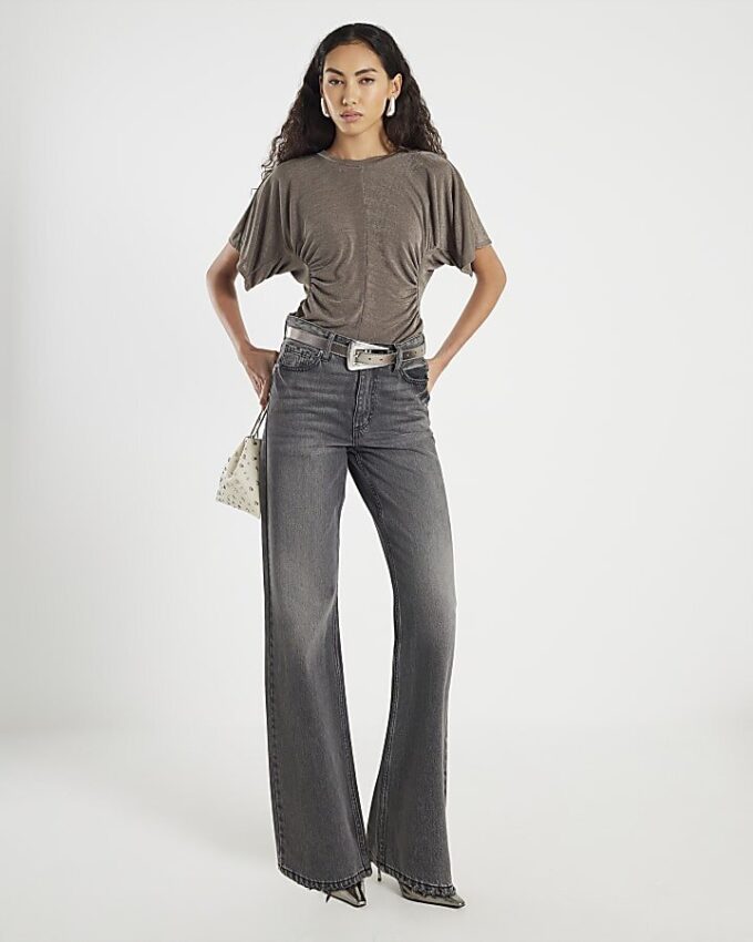Beige Short Sleeve Ruched Waist Slinky Top