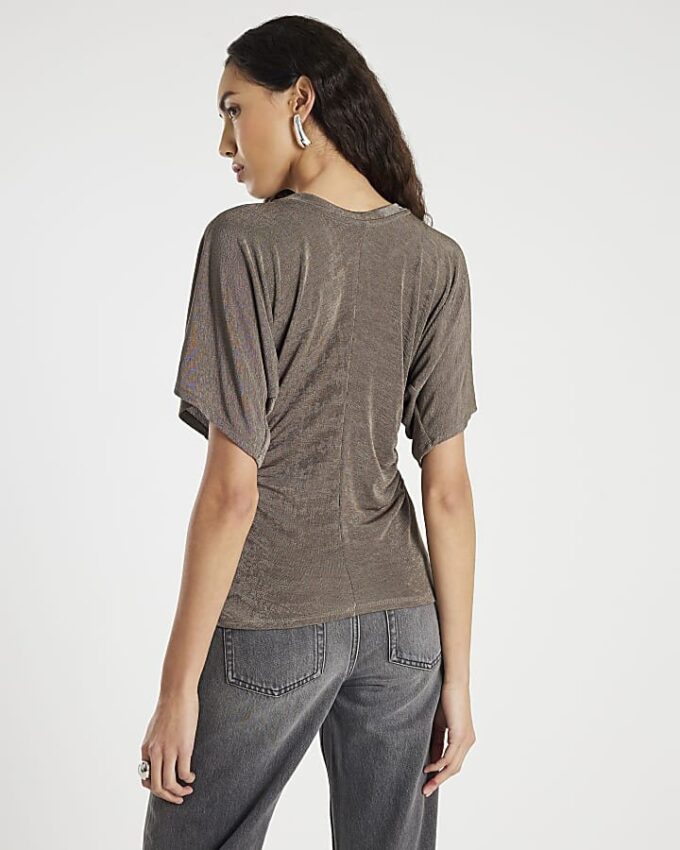Beige Short Sleeve Ruched Waist Slinky Top