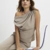Beige Sleeveless Striped Drape Top