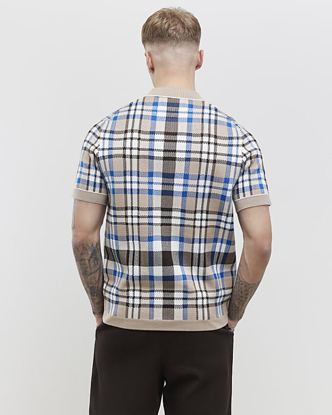 Beige Slim Fit Check Collar Polo Shirt