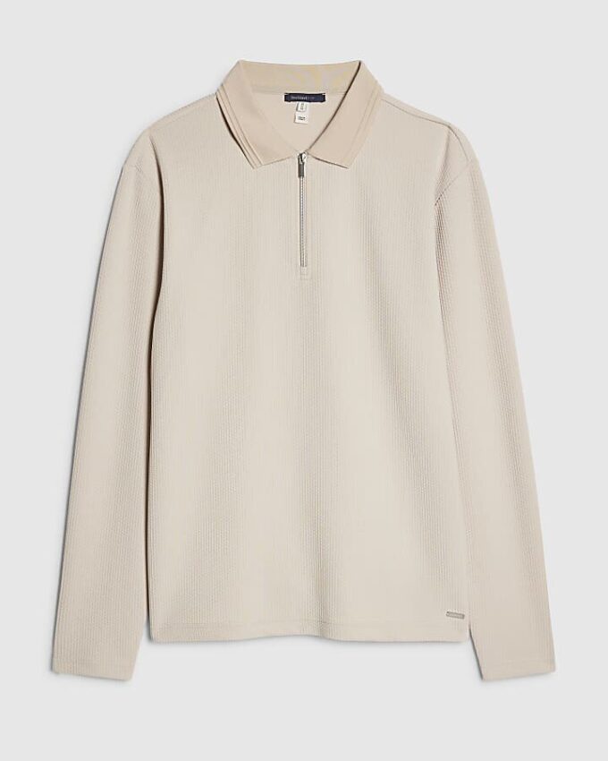 Beige Slim Fit Textured Polo Shirt