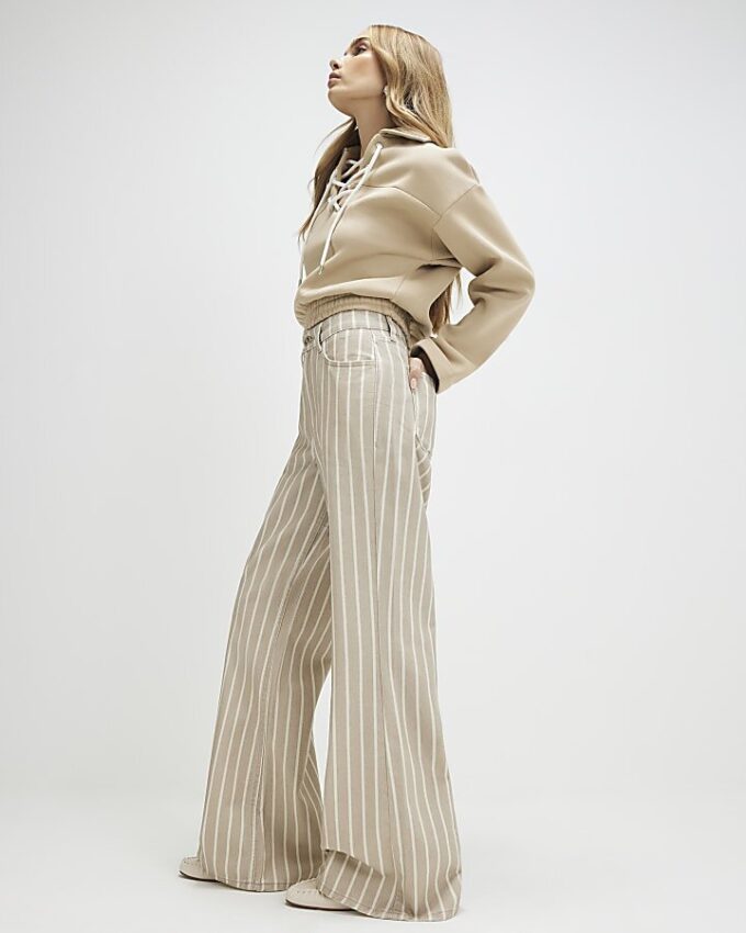 Beige Stripe Wide Leg Jeans