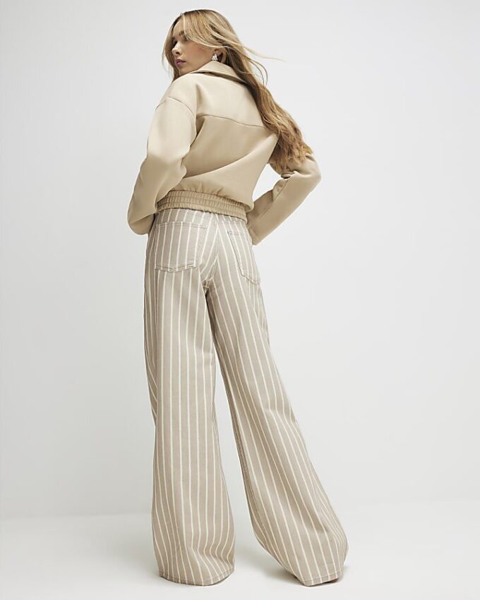 Beige Stripe Wide Leg Jeans