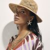 Beige Studded Open Weave Fedora Hat